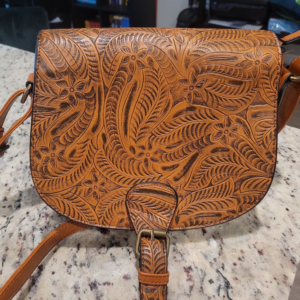 Nu G Vegan Leather Tooled Floral Saddle Crossbody Bag